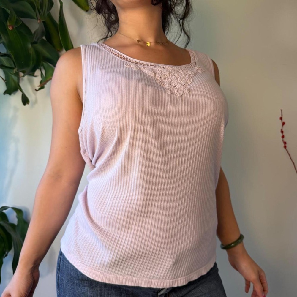 Faded Glory Pink Beaded Lace Ribbed Cotton Tank Top Plus Size 22W 24W 3XL Y2K